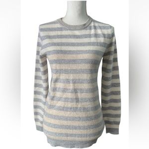 Pure Amici Women's 100% Cashmere Sweater Ivory & Gray Stripe Crew Neck Size XS